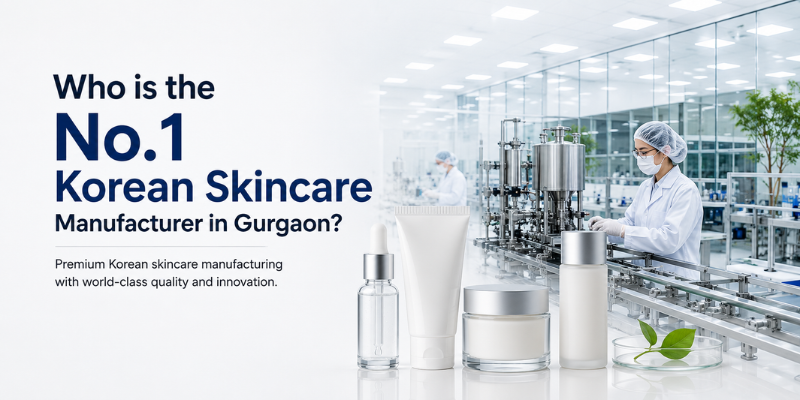 Who is the No.1 Korean Skincare Manufacturer in Gurgaon featuring a modern cosmetic manufacturing facility, skincare products, and advanced production laboratory.