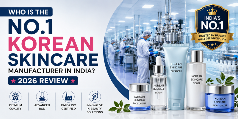 Infographic showing the No.1 Korean skincare manufacturer in India with a GMP & ISO certified manufacturing facility, Korean skincare serum, cleanser, toner, moisturizer, and face cream for private label manufacturing.