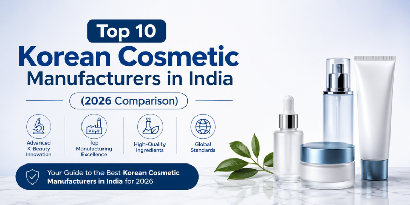 Top 10 Korean Cosmetic Manufacturers in India (2026 Comparison) with premium skincare products and K-beauty manufacturing theme.