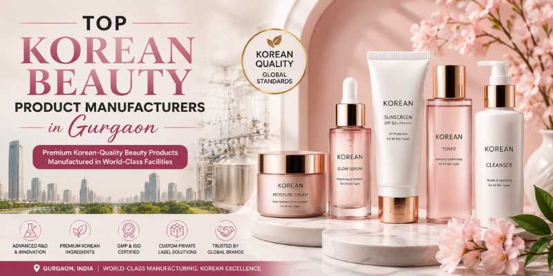 Top Korean Beauty Product Manufacturers in Gurgaon showcasing premium Korean skincare products with advanced private label cosmetic manufacturing facilities.