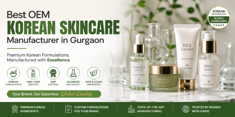 Best OEM Korean Skincare Manufacturer in Gurgaon showcasing premium Korean skincare products with OEM, ODM, GMP-certified manufacturing and private label services.