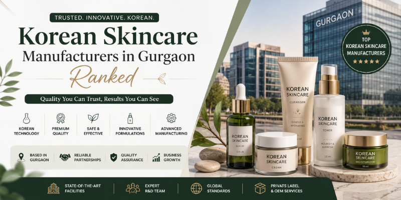 Premium Korean skincare manufacturers in Gurgaon showcasing private label skincare products, advanced cosmetic manufacturing, OEM/ODM solutions, and GMP-certified production facility.