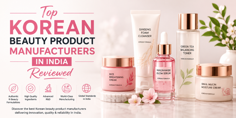 Top Korean beauty product manufacturers in India reviewed featuring Korean skincare products, premium cosmetic formulations, and private label manufacturing solutions.
