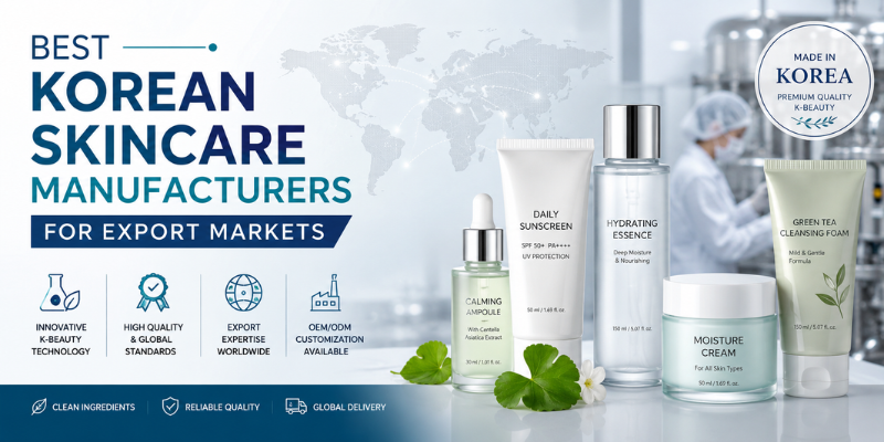 Best Korean skincare manufacturers for export markets offering OEM, ODM, private label skincare products with global quality standards and worldwide export services.